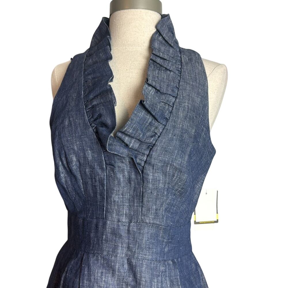 Taylor Dark Denim Blue Ruffle V-Neck Sleeveless Dress